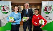 27 April 2018; In attendance at the announcement of Castleknock Hotel as the primary sponsor of the FAI's Girls Centre of Excellence are, from left, Alannah Gavin, age 15, from Castleknock and of Kilmore Celtic FC, FAI Chief Executive John Delaney, and Holly Rutherford, age 14, from Lucan and of Lucan United, at FAI HQ in Abbotstown, Co. Dublin.  Photo by Seb Daly/Sportsfile
