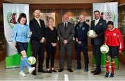 27 April 2018; In attendance at the announcement of Castleknock Hotel as the primary sponsor of the FAI's Girls Centre of Excellence are, from left, Alannah Gavin, age 15, from Castleknock and of Kilmore Celtic FC, Andrew Kavanagh, Director of Sales and Marketing, Castleknock Hotel, Sue Ronan, FAI Head of Women's Football, Dave Connell, Head of Womens' Underage Development, Rory O'Hare, Development Officer, Dun Laoghaire-Rathdown, and Head Coach ETP South Dublin, Guy Thompson, General Manager, Castleknock Hotel, and Holly Rutherford, age 14, from Lucan and of Lucan United, at FAI HQ in Abbotstown, Co. Dublin.  Photo by Seb Daly/Sportsfile