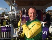 27 April 2018; Jockey Robbie Power with the cup after winning The BETDAQ 2% Commission Punchestown Champion Hurdle on Supasundae at Punchestown Racecourse in Naas, Co. Kildare. Photo by Matt Browne/Sportsfile