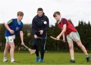 29 April 2018; GAA star Conor Lehane was at the Bandon GAA Grounds, County Cork today to launch the GAA Super Games Centre in partnership with Sky Sports. The Super Games Centres which are based all over the country, were set up to reduce youth drop out and encourage “play to stay” amongst youth, specifically between the ages of 12 and 17 where youth drop out is most prevalent. Sky Sports is supporting the GAA Super Games Centres by arranging visits with Sky Sports mentors and providing kits and equipment to the estimated 9,000 members countrywide. Pictured is Conor Lehane with Zak Sharpless, left, age 13, from St Brogans College, Bandon, Cork and Matthew Woods, age 13, from Hamilton High School, Bandon, Cork. Photo by Eóin Noonan/Sportsfile