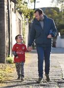 27 April 2018; St Patrick's Athletic supporters Alex Murphy, age 4, and his father Darren, from Ballyfermot, make their way to the ground prior to the SSE Airtricity League Premier Division match between St Patrick's Athletic and Bohemians at Richmond Park, in Dublin. Photo by Seb Daly/Sportsfile