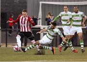 27 April 2018; Ronan Curtis of Derry City in action against Roberto Lopes of Shamrock Rovers match between Derry City and Shamrock Rovers at Brandywell Stadium, in Derry. Photo by Oliver McVeigh/Sportsfile