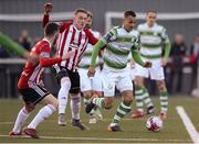 27 April 2018; Graham Burke of Shamrock Rovers in action against Jamie McDonagh, left, and Ronan Curtis of Derry City during the SSE Airtricity League Premier Division match between Derry City and Shamrock Rovers at Brandywell Stadium, in Derry. Photo by Oliver McVeigh/Sportsfile