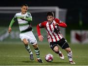 27 April 2018; Jack Doyle of Derry City in action against Graham Burke of Shamrock Rovers during the SSE Airtricity League Premier Division match between Derry City and Shamrock Rovers at Brandywell Stadium, in Derry. Photo by Oliver McVeigh/Sportsfile