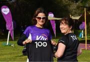28 April 2018; Former World Champion and Olympic Silver medallist Sonia O’Sullivan completed her 100th parkrun at Cabinteely parkrun on Saturday morning where Vhi hosted a special event to celebrate the achievement. More than 400 parkrunners and volunteers enjoyed refreshments in the Vhi Relaxation Area where a physiotherapist took participants through a post-event stretching routine. parkrun in partnership with Vhi support local communities in organising free, weekly, timed 5k runs every Saturday at 9.30am. To register for a parkrun near you visit www.parkrun.ie. Pictured is Sonia O'Sullivan with Máirín Shine before the race. Photo by Piaras Ó Mídheach/Sportsfile
