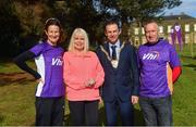 28 April 2018; Former World Champion and Olympic Silver medallist Sonia O’Sullivan completed her 100th parkrun at Cabinteely parkrun on Saturday morning where Vhi hosted a special event to celebrate the achievement. More than 400 parkrunners and volunteers enjoyed refreshments in the Vhi Relaxation Area where a physiotherapist took participants through a post-event stretching routine. parkrun in partnership with Vhi support local communities in organising free, weekly, timed 5k runs every Saturday at 9.30am. To register for a parkrun near you visit www.parkrun.ie. Pictured is Sonia O'Sullivan with Mary Mitchell O'Connor, TD is Minister of State at the Department of Education, Tom Murphy, Cathaoirleach of Dún Laoghaire-Rathdown County Council, and Vhi representative Declan Moran, before the race. Photo by Piaras Ó Mídheach/Sportsfile