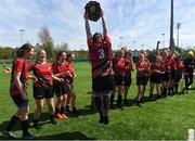 28 April 2018; Andrea Broughan of NM Falcons celebrates with the Paul Cusack Plate after the Paul Cusack Plate match between Clontarf RFC and NM Falcons at Energia Park in Donnybrook, Dublin. Photo by Harry Murphy/Sportsfile