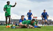 28 April 2018; Bundee Aki of Connacht goes over to score his side's sixth try despite the tackle of Jack Conan of Leinster during the Guinness PRO14 Round 21 match between Connacht and Leinster at the Sportsground in Galway. Photo by Brendan Moran/Sportsfile