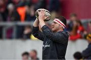 28 April 2018; Mike Sherry of Munster practices his lineout throwing prior to the Guinness PRO14 Round 21 match between Munster and Ulster at Thomond Park in Limerick. Photo by Diarmuid Greene/Sportsfile