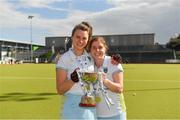 28 April 2018; UCD captain Deirdre Duke, left, and team-mate Katie Mullan with the cup after the Women's EY Hockey League match between UCD and Monkstown at UCD in Belfield, Dublin. Photo by Piaras Ó Mídheach/Sportsfile