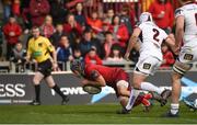 28 April 2018; Duncan Williams of Munster scores his side's first try during the Guinness PRO14 Round 21 match between Munster and Ulster at Thomond Park in Limerick. Photo by Diarmuid Greene/Sportsfile