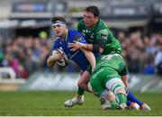 28 April 2018; Caelan Doris of Leinster is tackled by Denis Buckley and Gavin Thornbury of Connacht during the Guinness PRO14 Round 21 match between Connacht and Leinster at the Sportsground in Galway. Photo by Brendan Moran/Sportsfile