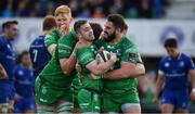 28 April 2018; Caolin Blade of Connacht is congratulated bu team-mates after scoring their side's seventh try during the Guinness PRO14 Round 21 match between Connacht and Leinster at the Sportsground in Galway. Photo by Brendan Moran/Sportsfile