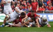 28 April 2018; Stuart McCloskey of Ulster is tackled by Munster players, from left, JJ Hanrahan, Conor Oliver, and Dan Goggin during the Guinness PRO14 Round 21 match between Munster and Ulster at Thomond Park in Limerick. Photo by Diarmuid Greene/Sportsfile