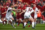 28 April 2018; Darren Sweetnam of Munster is tackled by Johnny McPhillips, left, and Stuart McCloskey of Ulster during the Guinness PRO14 Round 21 match between Munster and Ulster at Thomond Park in Limerick. Photo by Diarmuid Greene/Sportsfile