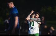 28 April 2018; Kieran Marty Waters of Cabinteely, no. 10, is congratulated by team mate Dean Casey after scoring his side's first goal during the SSE Airtricity League First Division match between Cabinteely and Athlone Town at Cabinteely FC in Blackrock, Co. Dublin. Photo by David Fitzgerald/Sportsfile