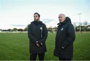 28 April 2018; Cabinteely coaches Graham O'Hanlon, left, and Eddie Wallace look to the floodlights during the SSE Airtricity League First Division match between Cabinteely and Athlone Town at Cabinteely FC in Blackrock, Co. Dublin. Photo by David Fitzgerald/Sportsfile