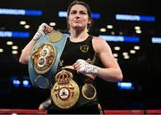 28 April 2018; Katie Taylor celebrates following her WBA and IBF World Lightweight unification bout with Victoria Bustos at the Barclays Center in Brooklyn, New York. Photo by Stephen McCarthy/Sportsfile