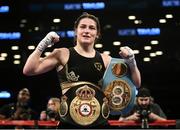 28 April 2018; Katie Taylor celebrates following her WBA and IBF World Lightweight unification bout with Victoria Bustos at the Barclays Center in Brooklyn, New York. Photo by Stephen McCarthy/Sportsfile