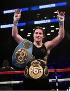 28 April 2018; Katie Taylor celebrates following her WBA and IBF World Lightweight unification bout with Victoria Bustos at the Barclays Center in Brooklyn, New York. Photo by Stephen McCarthy/Sportsfile