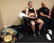 28 April 2018; Katie Taylor celebrates with trainer Ross Enamait following her WBA and IBF World Lightweight unification bout with Victoria Bustos at the Barclays Center in Brooklyn, New York. Photo by Stephen McCarthy/Sportsfile