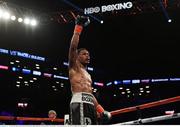 28 April 2018; Daniel Jacobs celebrates following his middleweight bout with Maciej Sulecki at the Barclays Center in Brooklyn, New York. Photo by Stephen McCarthy/Sportsfile