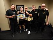 28 April 2018; Katie Taylor with her team, from left, cutman Danny Milano, trainer Ross Enamait, manager Brian Peters and Tomas Rohan following her WBA and IBF World Lightweight unification bout with Victoria Bustos at the Barclays Center in Brooklyn, New York. Photo by Stephen McCarthy/Sportsfile