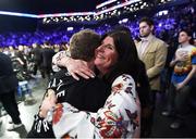 28 April 2018; Bridget Taylor with hugs manager Brian Peters following Katie Taylor's victory in hber WBA and IBF World Lightweight unification bout with Victoria Bustos at the Barclays Center in Brooklyn, New York. Photo by Stephen McCarthy/Sportsfile