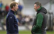 28 April 2018; Leinster head coach Leo Cullen, left, with Connacht forwards coach Jimmy Duffy prior to the Guinness PRO14 Round 21 match between Connacht and Leinster at the Sportsground in Galway. Photo by Brendan Moran/Sportsfile