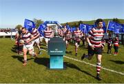 29 April 2018; Enniscorthy RFC captain Ivan Poole and Tullow RFC captain Keihao Bloomfield lead their team-mates out before the Bank of Ireland Provincial Towns Cup Final match between Tullow RFC and Enniscorthy RFC, at Wicklow RFC, Wicklow. Photo by Matt Browne/Sportsfile