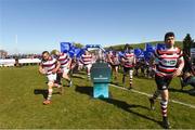 29 April 2018; Enniscorthy RFC captain Ivan Poole and Tullow RFC captain Keihao Bloomfield lead their team-mates out before the Bank of Ireland Provincial Towns Cup Final match between Tullow RFC and Enniscorthy RFC, at Wicklow RFC, Wicklow. Photo by Matt Browne/Sportsfile