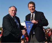 29 April 2018; IRFU President Phil Orr presents the match pennant to Enniscorthy RFC president to Andrew Owen after the Bank of Ireland Provincial Towns Cup Final match between Tullow RFC and Enniscorthy RFC, at Wicklow RFC, Wicklow. Photo by Matt Browne/Sportsfile