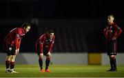 28 April 2018; Dylan McGlade, left, Evan Galvin and Dean Byrne of Longford Town look dejected after the SSE Airtricity League First Division match between Longford Town and Finn Harps at the City Calling Stadium in Longford. Photo by Harry Murphy/Sportsfile