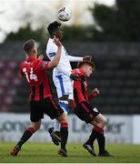28 April 2018; B.J. Banda of Finn Harps in action against Aodh Dervin and Michael McDonnell of Longford Town during the SSE Airtricity League First Division match between Longford Town and Finn Harps at the City Calling Stadium in Longford. Photo by Harry Murphy/Sportsfile