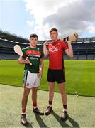 30 April 2018; Corey Scahill of Mayo with Paul Sheehan of Down during the Christy Ring competition launch at Croke Park in Dublin. Photo by Eóin Noonan/Sportsfile