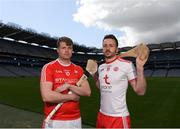 30 April 2018; Ger Smyth of Louth with Damian Casey of Tyrone during the Rackard competition launch at Croke Park in Dublin. Photo by Eóin Noonan/Sportsfile