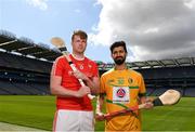 30 April 2018; Ger Smyth of Louth with Zak Moradi of Leitrim during the Rackard competition launch at Croke Park in Dublin. Photo by Eóin Noonan/Sportsfile