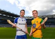 30 April 2018; Fergal Rafter of Monaghan with Padraig Doherty of Donegal during the Rackard competition launch at Croke Park in Dublin. Photo by Eóin Noonan/Sportsfile