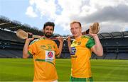 30 April 2018; Zak Moradi of Leitrim with Padraig Doherty of Donegal during the Rackard competition launch at Croke Park in Dublin. Photo by Eóin Noonan/Sportsfile
