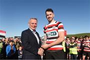 29 April 2018; Ivan Jacob of Enniscorthy RFC is presented with his leading try scorer trophy by Colin Kingston, Bank of Ireland, after the Bank of Ireland Provincial Towns Cup Final match between Tullow RFC and Enniscorthy RFC, at Wicklow RFC, Wicklow. Photo by Matt Browne/Sportsfile
