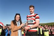 29 April 2018; Timmy Morrissey of Enniscorthy RFC is presented with his player of the match trophy by Gemma Ball, Head of Sponsorship with Bank of Ireland, after the Bank of Ireland Provincial Towns Cup Final match between Tullow RFC and Enniscorthy RFC, at Wicklow RFC, Wicklow. Photo by Matt Browne/Sportsfile