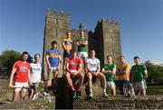 30 April 2018; Players, from left, Séamus Harnedy, Cork hurler, Kevin Moran, Waterford hurler, Niall O'Meara, Tipperary hurler, Pat O'Connor, Clare hurler, Ian McGuire, Cork footballer, Fionn Fitzgerald, Kerry footballer, James McGrath, Waterford footballer, Donal O'Sullivan, Limerick footballer, Gary Brennan, Clare footballer, and Declan Hannon, Limerick hurler, at the launch of the Munster Senior Hurling and Senior Football Championships 2018 at Bunratty Folk Park in Co Clare. Photo by Piaras Ó Mídheach/Sportsfile