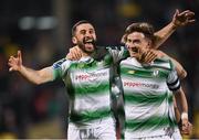 30 April 2018; Roberto Lopes, left, of Shamrock Rovers celebrates with team-mate Ronan Finn after scoring his side's third goal during the SSE Airtricity League Premier Division match between Shamrock Rovers and Cork City at Tallaght Stadium in Dublin. Photo by Eóin Noonan/Sportsfile