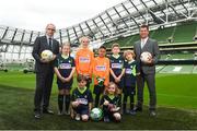 1 May 2018; Republic of Ireland manager Martin O'Neill, left, and Republic of Ireland Women's head coach Colin Bell pictured with local soccer players, back row, from left, Layla Matthews, age 10, Katie Keane, age 11, Brayden Roche, age 10, Cameron Egan-Tormey, age 11, Tristan English, age 7, and front row, Dylan Murray, age 7, left, and Caomihe McKane, age 6, at the SportsDirect FAI Summer Soccer Schools launch at the Aviva Stadium in Dublin. Photo by David Fitzgerald/Sportsfile
