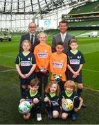 1 May 2018; Republic of Ireland manager Martin O'Neill, left, and Republic of Ireland Women's head coach Colin Bell pictured with local soccer players, back row, from left, Layla Matthews, age 10, Katie Keane, age 11, Brayden Roche, age 10, Cameron Egan-Tormey, age 11, and front row, Dylan Murray, age 7, left, Caomihe McKane, age 6, and Tristan English, age 7, at the SportsDirect FAI Summer Soccer Schools launch at the Aviva Stadium in Dublin. Photo by David Fitzgerald/Sportsfile