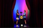 1 May 2018; In attendance during the Lidl Ladies National Football League finals media day at The Helix, Dublin City University, are Sarah Rowe of Mayo, left, and Sinead Aherne of Dublin with the Division 1 trophy. The Lidl Ladies National Football League Finals take place next Sunday and Monday. On Sunday, at Parnell Park in Dublin, it’s Cavan against Tipperary in the Division 2 final, followed by the Division 1 final between Dublin and Mayo at 4pm. On Monday, at St Brendan’s Park in Birr, the first game of a double-header is Wicklow v Louth in the Division 4 final, followed by the Division 3 final clash between Meath and Wexford. Tickets for the Lidl Ladies NFL finals will be available at Parnell Park on Sunday, and at St Brendan’s Park on Monday. The Helix, Dublin City University, Dublin. Photo by Brendan Moran/Sportsfile