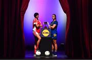 1 May 2018; In attendance during the Lidl Ladies National Football League finals media day at The Helix, Dublin City University, are Paula Murray of Louth, left, and Sarah Hogan of Wicklow with the Division 4 trophy. The Lidl Ladies National Football League Finals take place next Sunday and Monday. On Sunday, at Parnell Park in Dublin, it’s Cavan against Tipperary in the Division 2 final, followed by the Division 1 final between Dublin and Mayo at 4pm. On Monday, at St Brendan’s Park in Birr, the first game of a double-header is Wicklow v Louth in the Division 4 final, followed by the Division 3 final clash between Meath and Wexford. Tickets for the Lidl Ladies NFL finals will be available at Parnell Park on Sunday, and at St Brendan’s Park on Monday. The Helix, Dublin City University, Dublin. Photo by Brendan Moran/Sportsfile