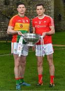 3 May 2018; John Murphy of Carlow with Andy McDonnell of Louth during the Launch of the 2018 Leinster Senior Football Championship at Trim Castle in Trim, Co Meath. Photo by Harry Murphy/Sportsfile
