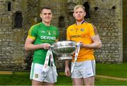 3 May 2018; Bryan Menton of Meath with Paddy Collum of Longford  during the Launch of the 2018 Leinster Senior Football Championship at Trim Castle in Trim, Co Meath. Photo by Harry Murphy/Sportsfile