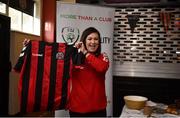 3 May 2018; More Than A Club representative Carina Brien shows off the signed Bohemian FC jersey prior to the raffle during the Bohemian FC: More Than A Club - Alzheimer's Awareness at the Members Bar in Dalymount Park, Co Dublin. Photo by David Fitzgerald/Sportsfile